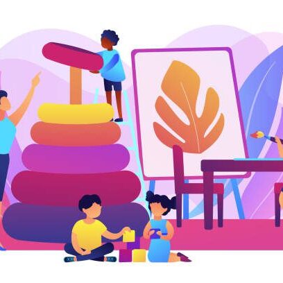 Day care center, kindergarten pupils and tutor. Primary education. Nursery school, high quality preschool program, private nursery near you concept. Bright vibrant violet vector isolated illustration